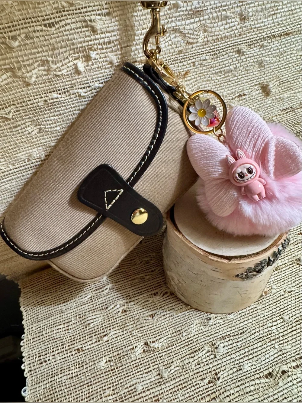 Dooney & Bourke Tan Twill Canvas Flap Wristlet Dark Brown Leather Trim